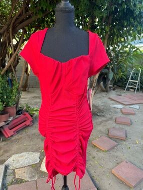 Almost Famous Red Ruched Square-Neck Short Sleeve Mini Dress